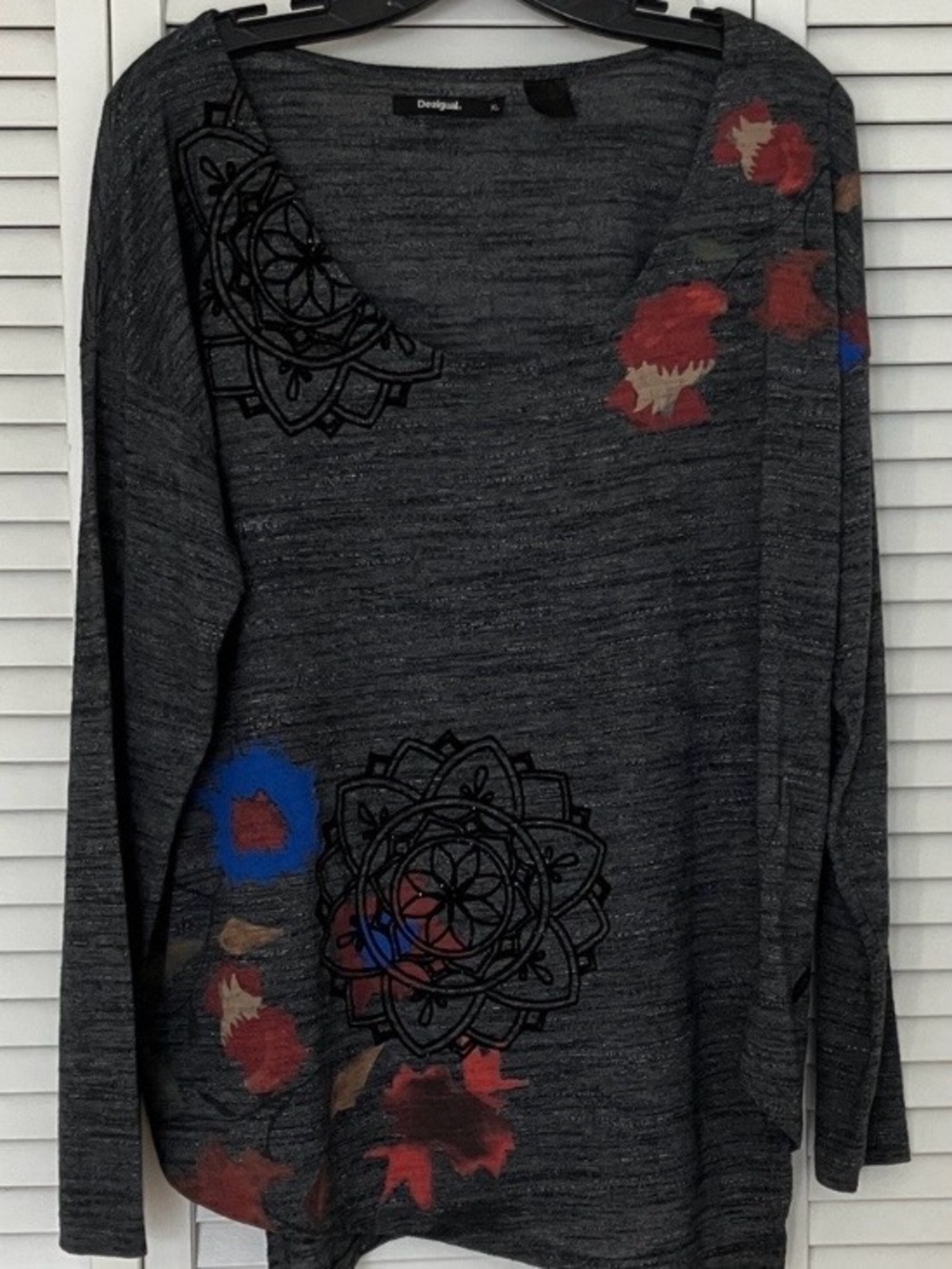 Desigual Dark Gray Long Sleeve Top with  Floral  velvet Accents. Sz XL